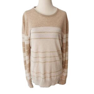 Saks Fifth Avenue Tan & Ivory Striped Cashmere Knit Pullover Sweater Medium